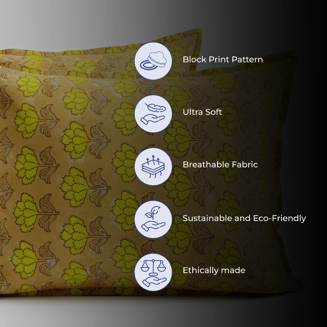 Single-Sided Block Printed Double Bedsheet in Yellow Floral Pattern