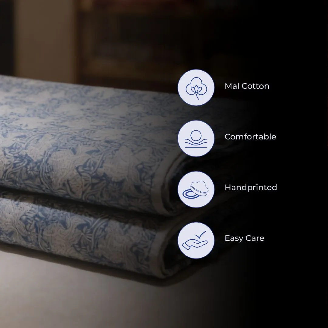 Single-Sided Hand Block Printed Mal Cotton Fabric – Blue Floral | Sold Per Meter