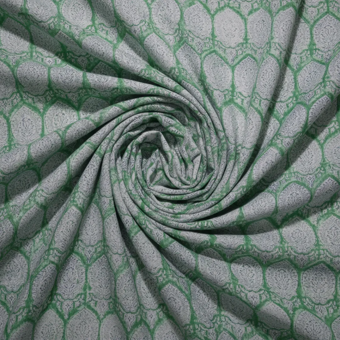 Single-Sided Hand Block Printed Mal Cotton Fabric – Green Lattice Floral | Sold Per Meter