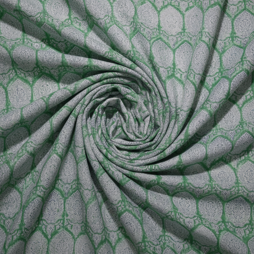 Single-Sided Block Printed Mal Cotton Fabric in Green Lattice Floral Pattern