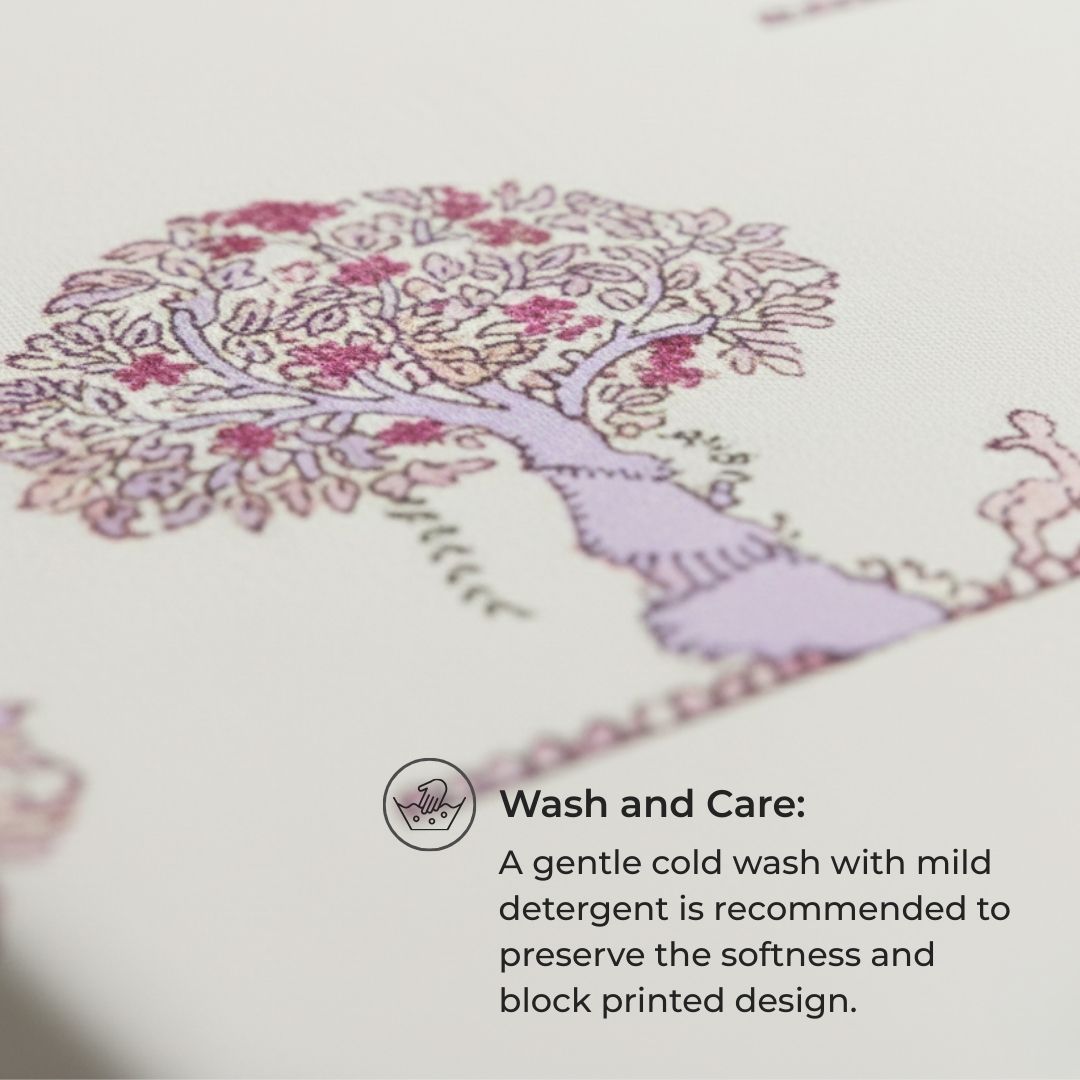 Single-Sided Block Printed Double Bedsheet in Soft Pink Floral Motif