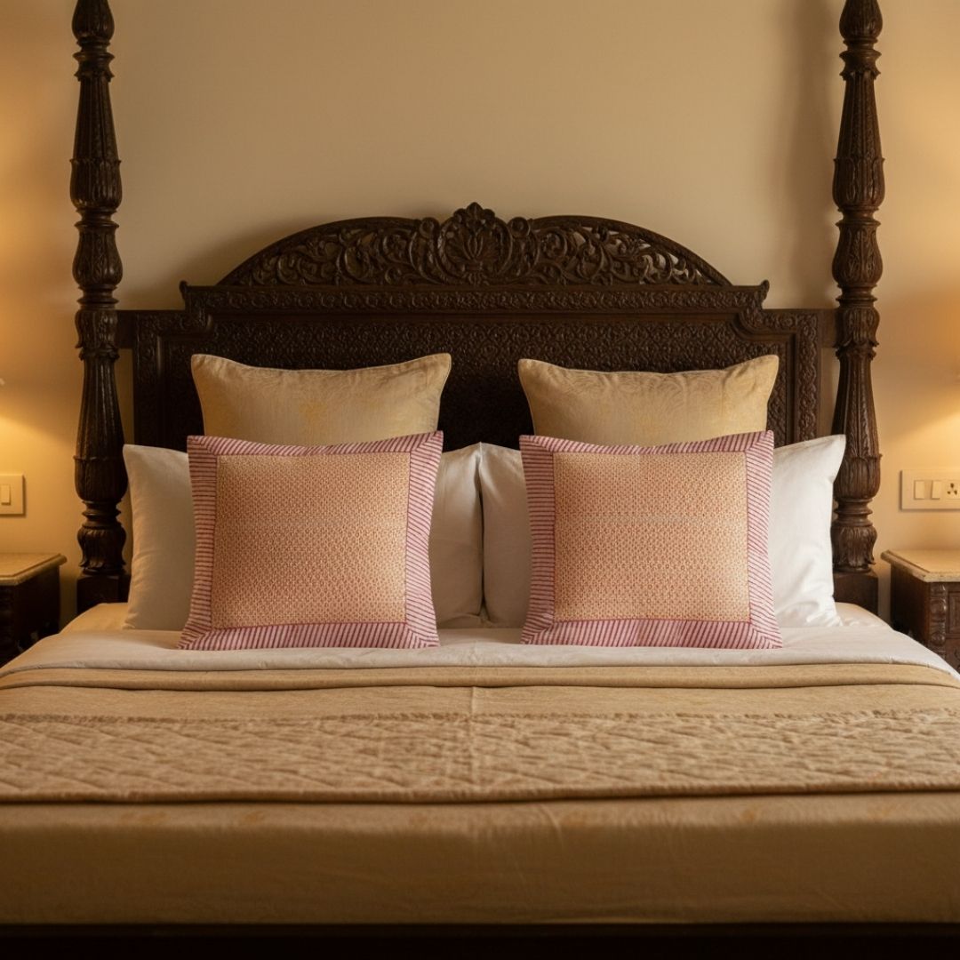 Block Printed South Cotton Cushion Cover with Multicolour Grid Border