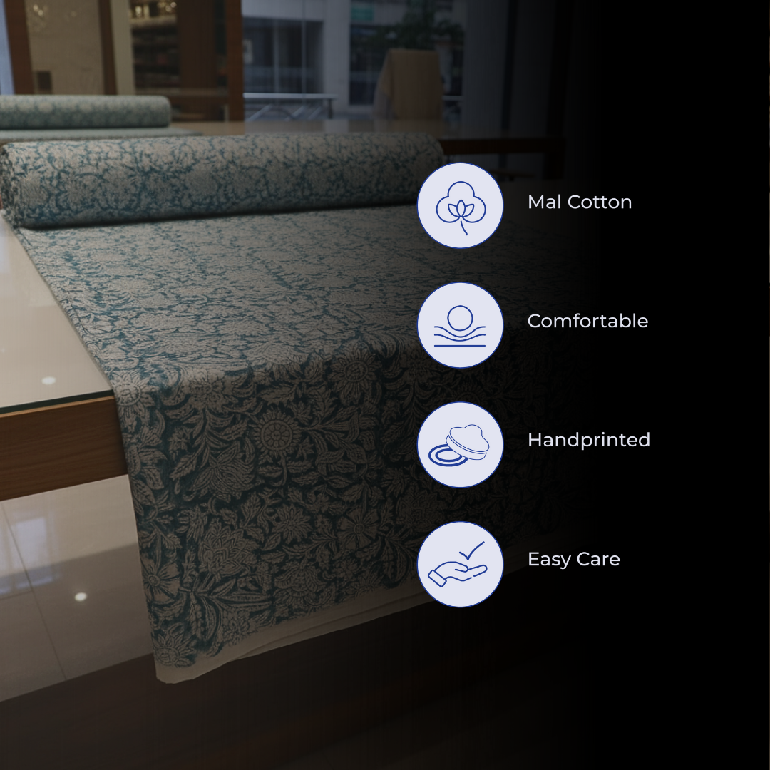 Single-Sided Block Printed Mal Cotton Fabric in Soft Green Floral Pattern