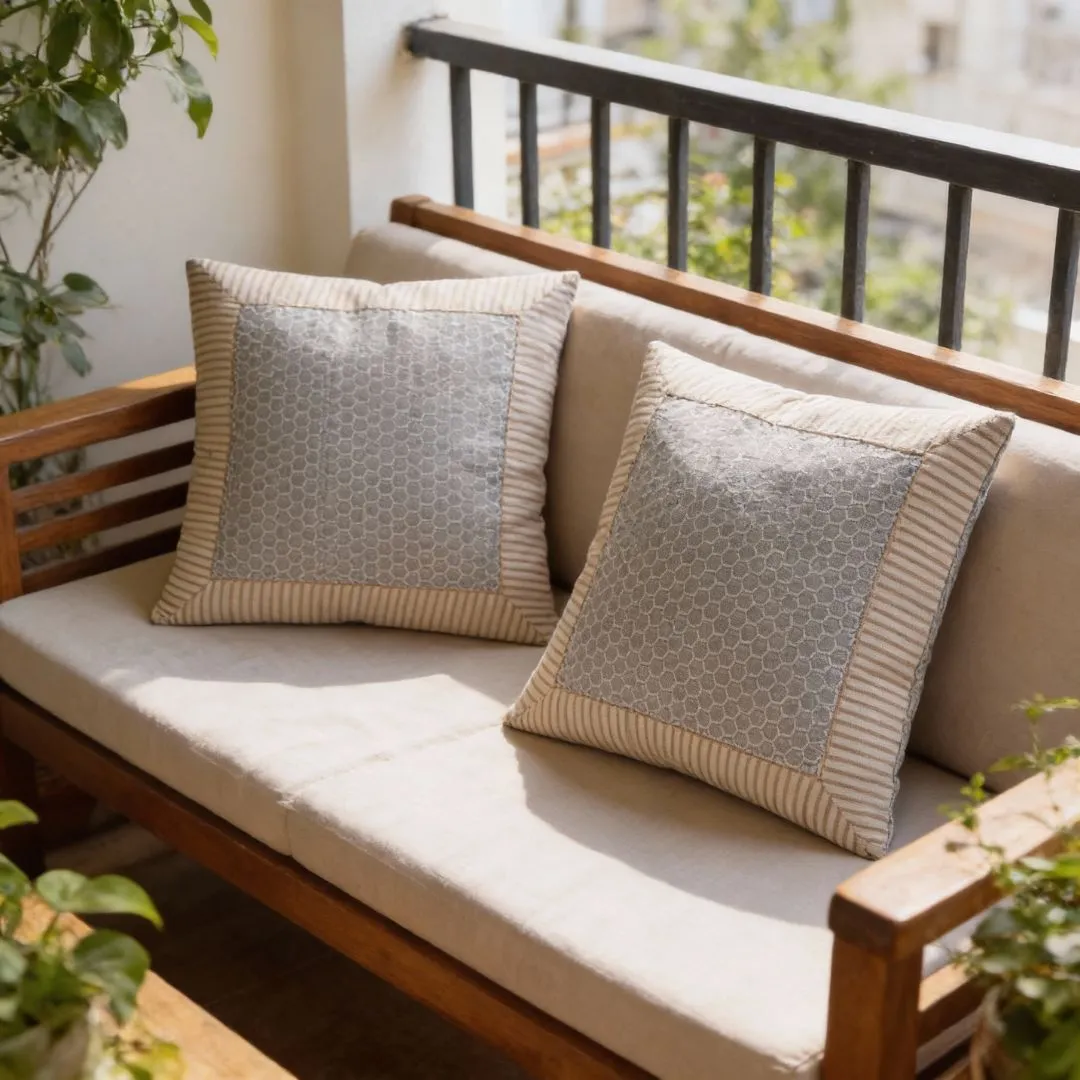 Block Printed Cotton Cushion Covers with Minimal Border Design (Set of 2)