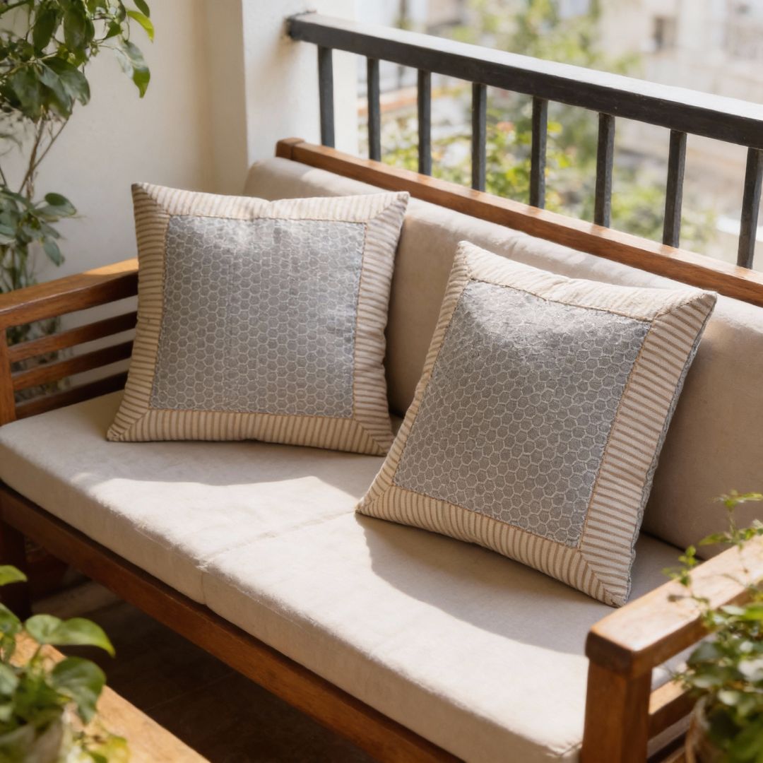 Block Printed South Cotton Cushion Cover with Minimal Border Design