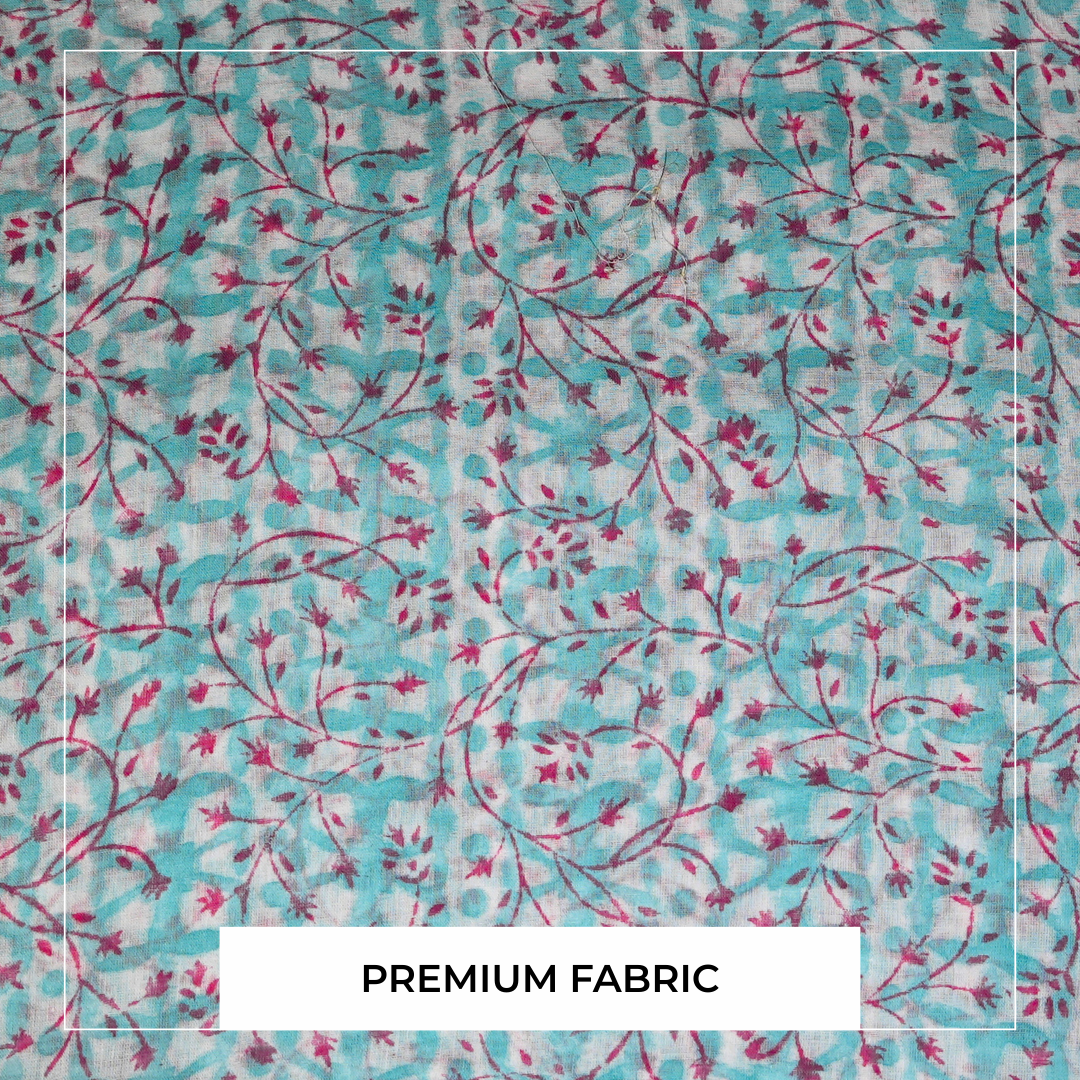 Single-Sided Hand Block Printed Mal Cotton Fabric – Soft Blue Geometric | Sold Per Meter