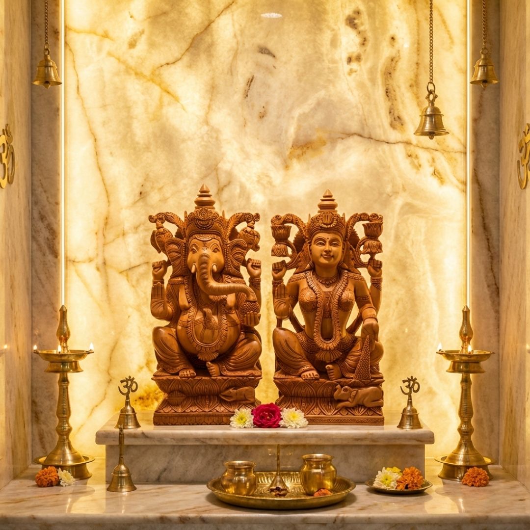 Ganesh Lakshmi Pair Sitting on Lotus Handcrafted in Sandalwood