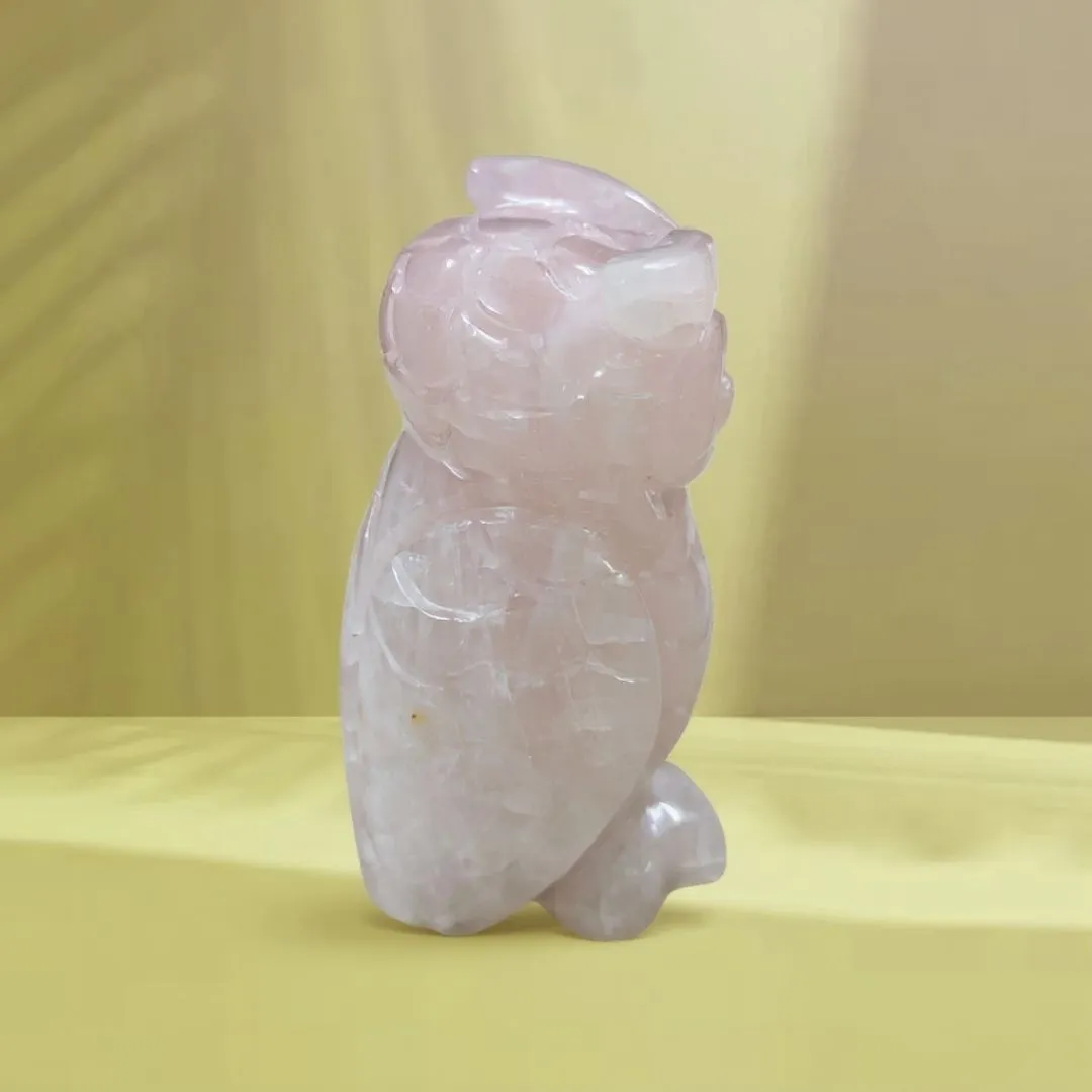 Rose Quartz Owl Sculpture for Home Decor and Positive Energy