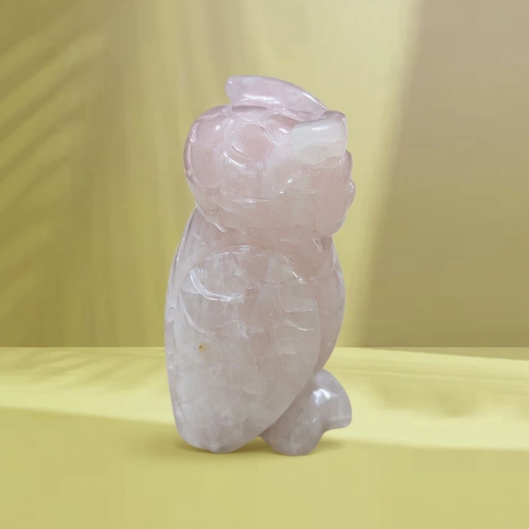 Rose Quartz Owl Sculpture for Home Decor and Positive Energy