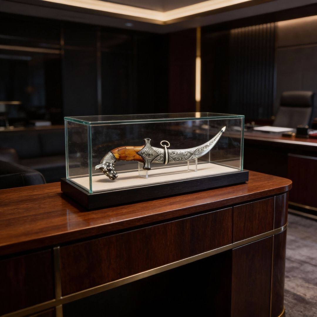 Curved Bone Handle Koftgari Dagger with Handcrafted Metal Inlay Detailing