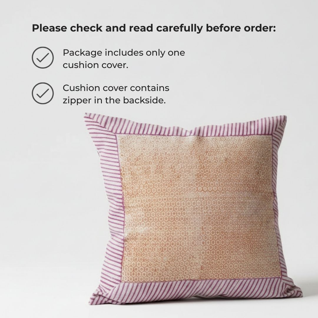 Block Printed Cotton Cushion Covers with Grid Pattern & Multicolour Border (Set of 2)