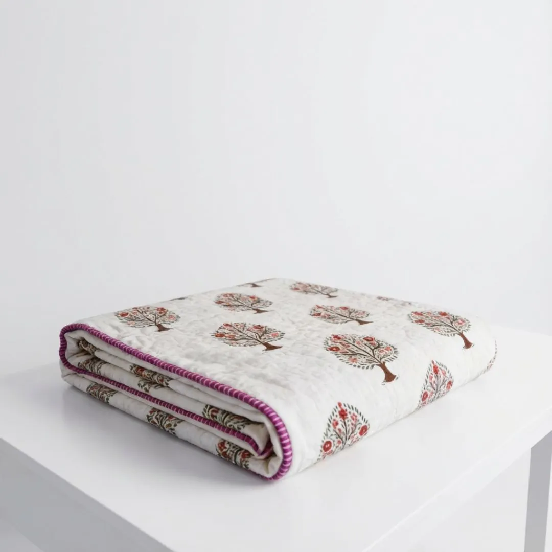 Double Double-Sided Block Printed Cotton Comforter in Grey Floral Pattern