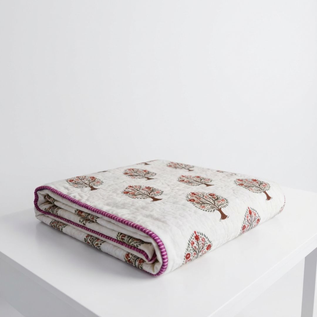 Double Double-Sided Block Printed Cotton Comforter in Grey Floral Pattern