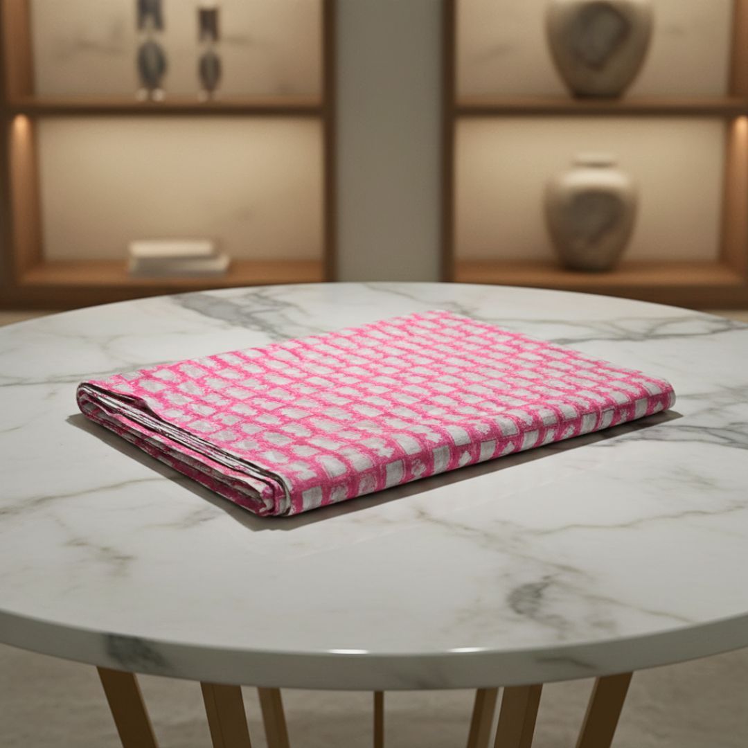 Single-Sided Block Printed Mal Cotton Fabric in Red Geometric Pattern