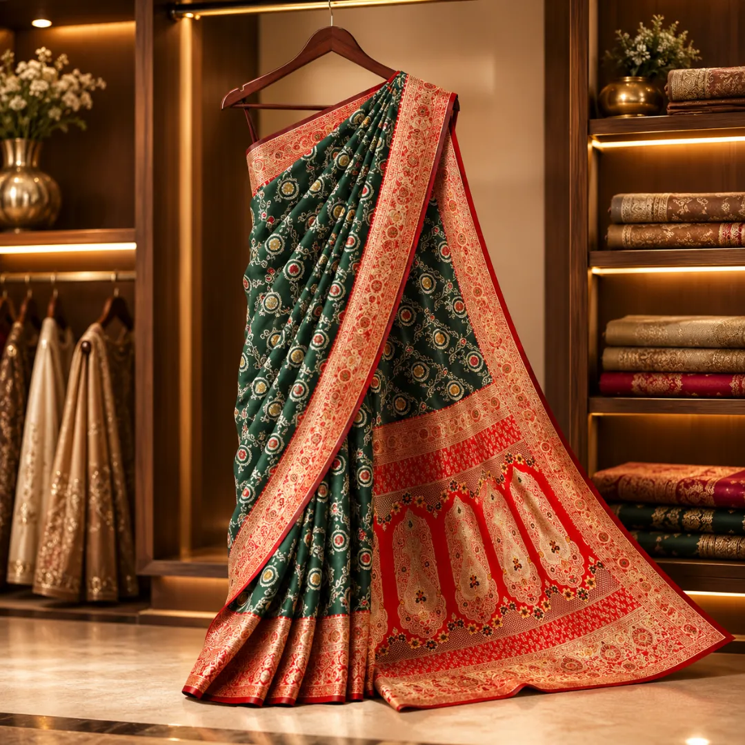 Handcrafted Dark Green & Red Puri Gazzi Satin Saree with Royal Zari Paisley Pallu & Blouse Piece