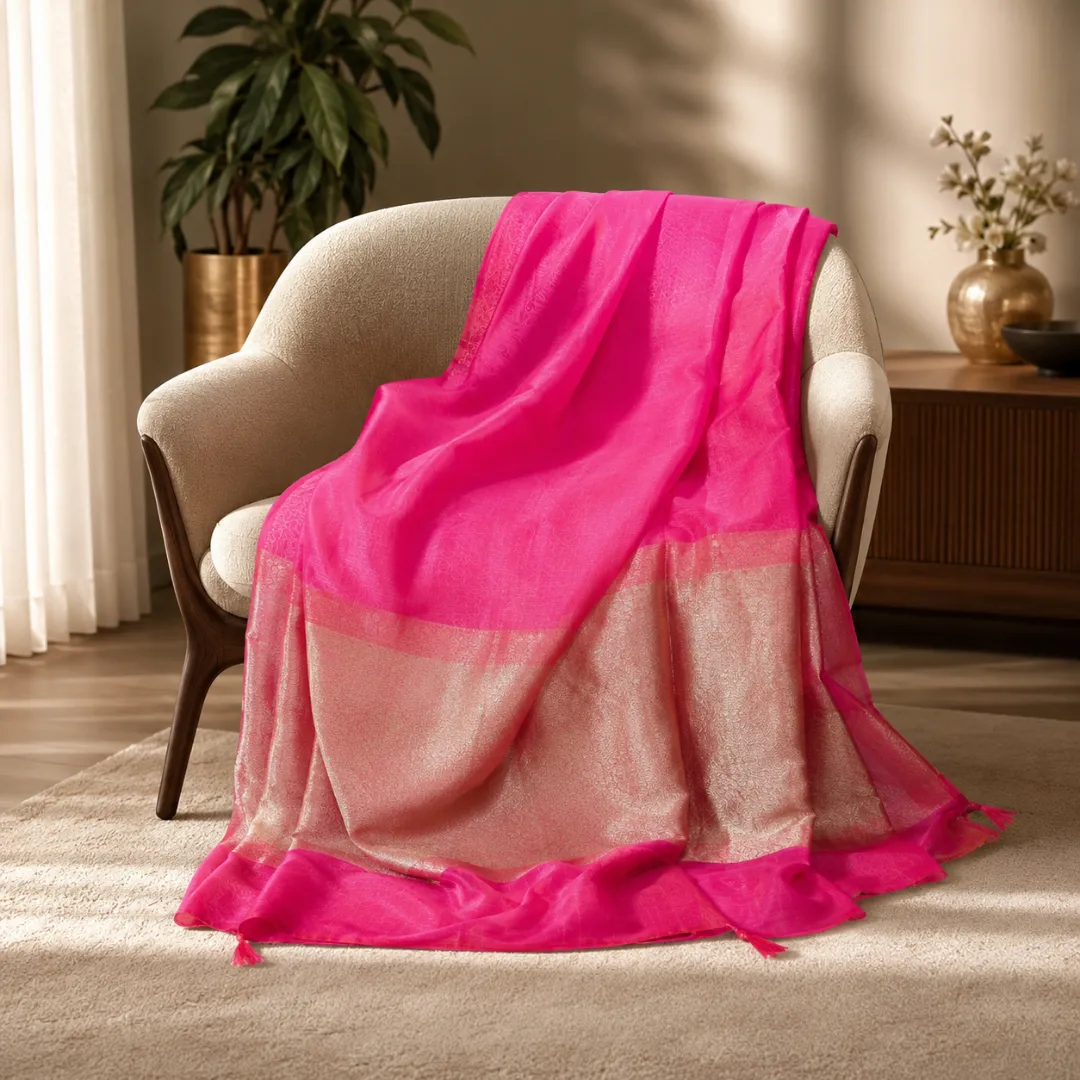 Golden Grace in Pink – Handcrafted Maslin Organza Saree with Matching Blouse