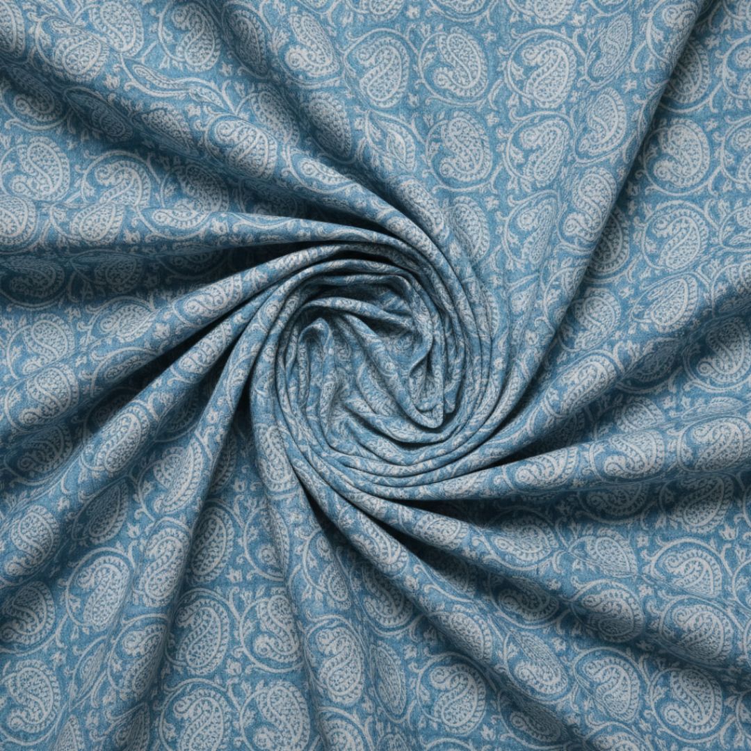 Single-Sided Block Printed Cotton Fabric in Blue Check Pattern