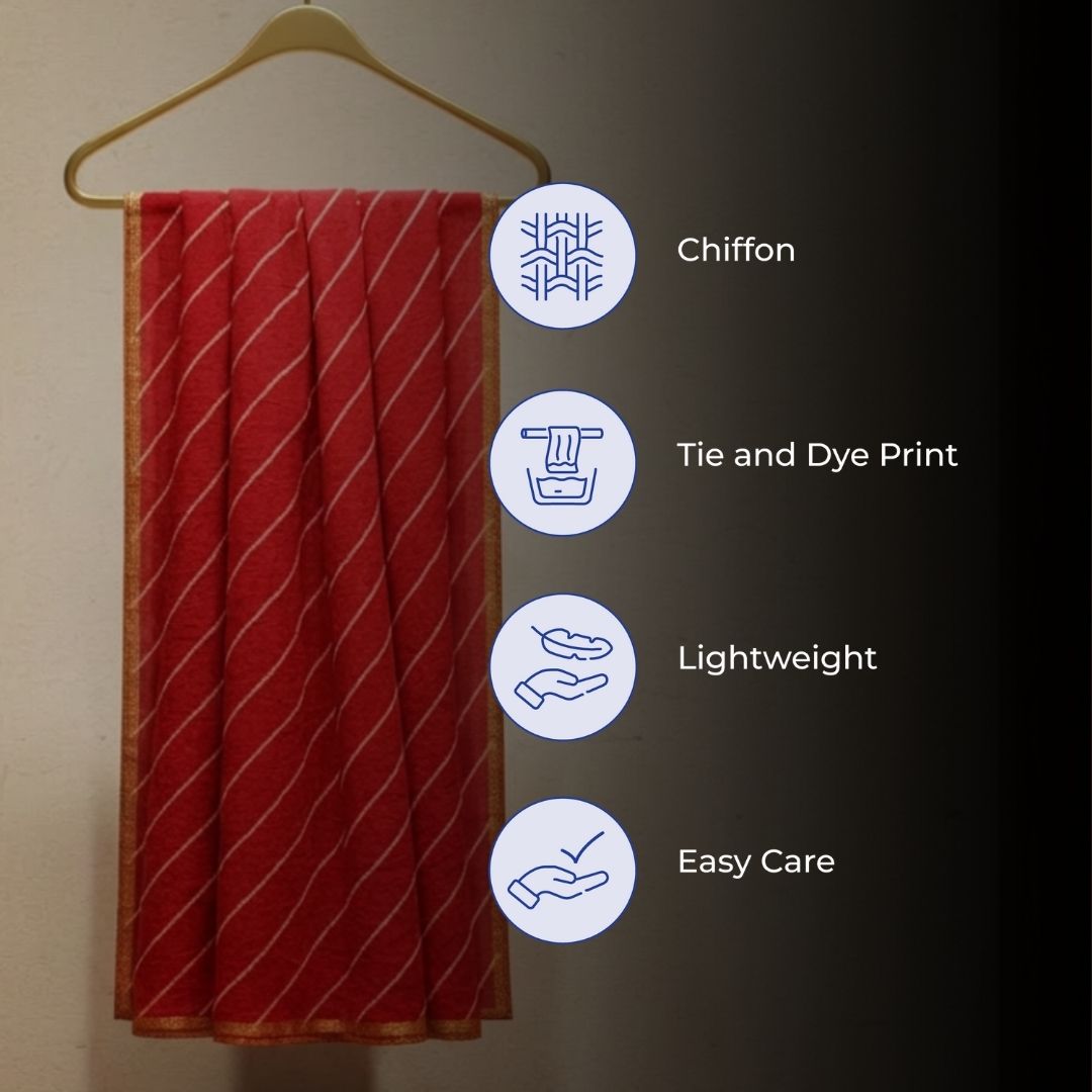 Traditional Lahariya Tie and Dye Chiffon Saree with Matching Blouse in Rich Red Tones 