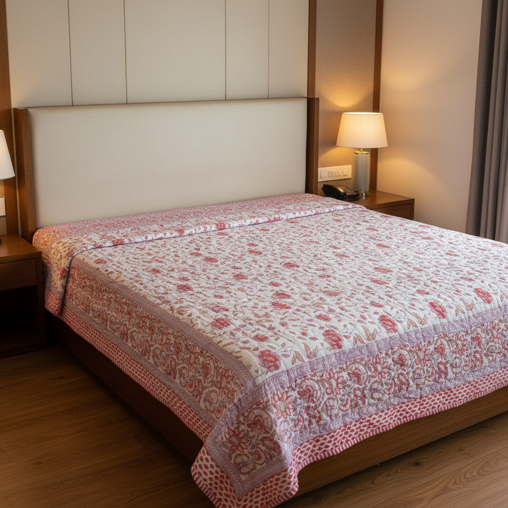 Single Double-Sided Block Printed Cotton Comforter in Pink Floral Pattern