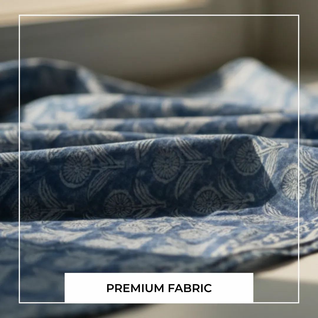 Single-Sided Hand Block Printed Mal Cotton Fabric – Blue Lattice Floral | Sold Per Meter