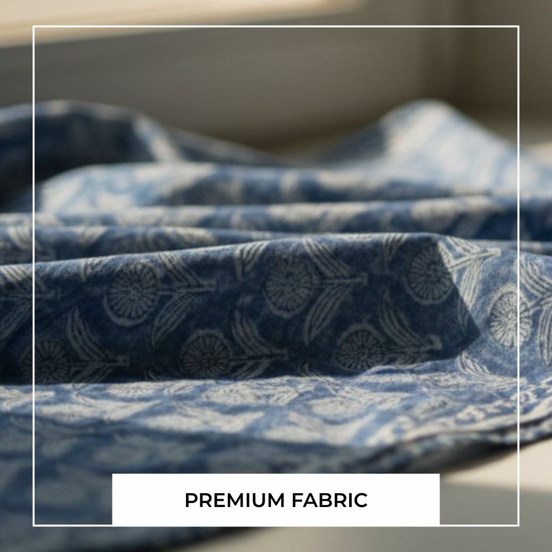 Single-Sided Block Printed Mal Cotton Fabric in Blue Lattice Floral Pattern