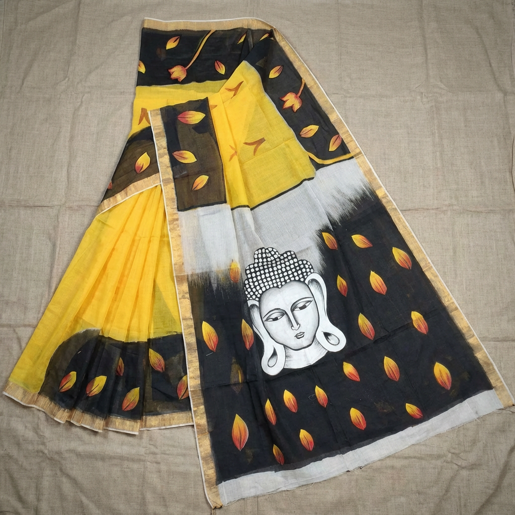 Kerala Hand-Painted Cotton Saree with Buddha Print & Gold Border (Yellow, Black & White) – Includes Blouse Piece