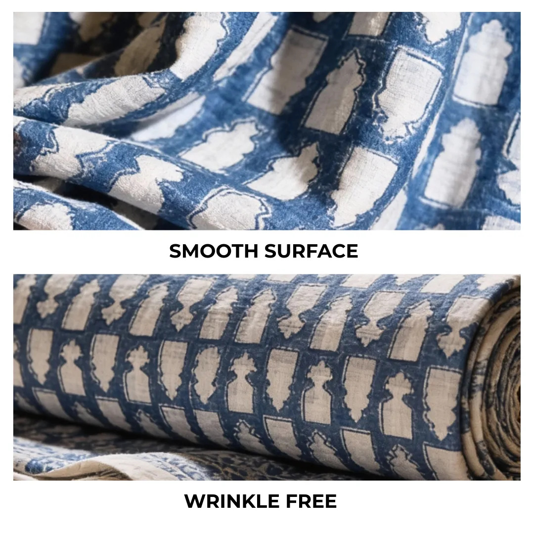 Single-Sided Hand Block Printed Mal Cotton Fabric – Blue Geometric | Sold Per Meter