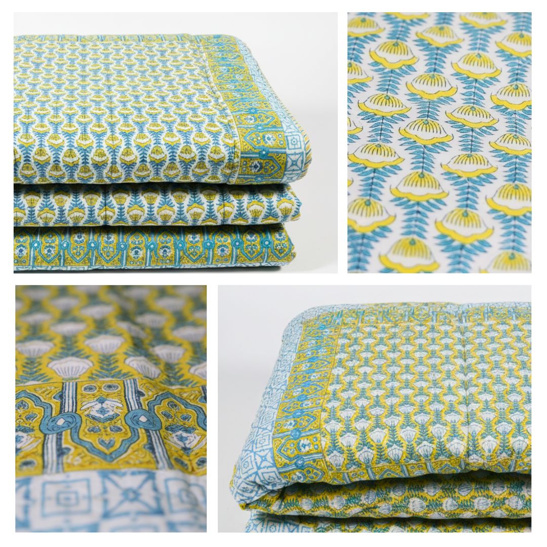 Single Double-Sided Block Printed AC Quilt in Blue Green Pattern