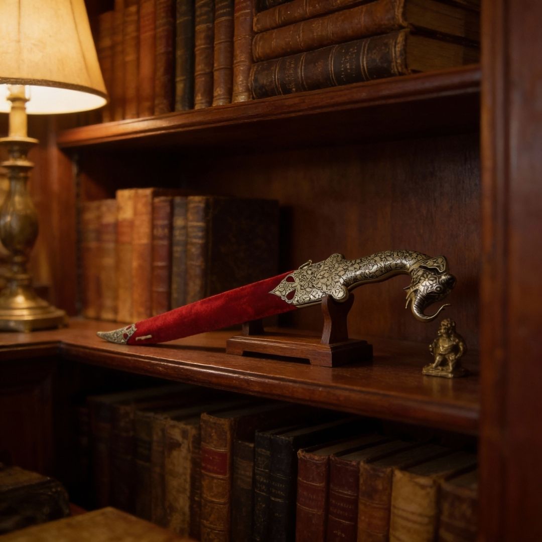 Red Handle Koftgari Dagger with Handcrafted Metal Inlay Detailing