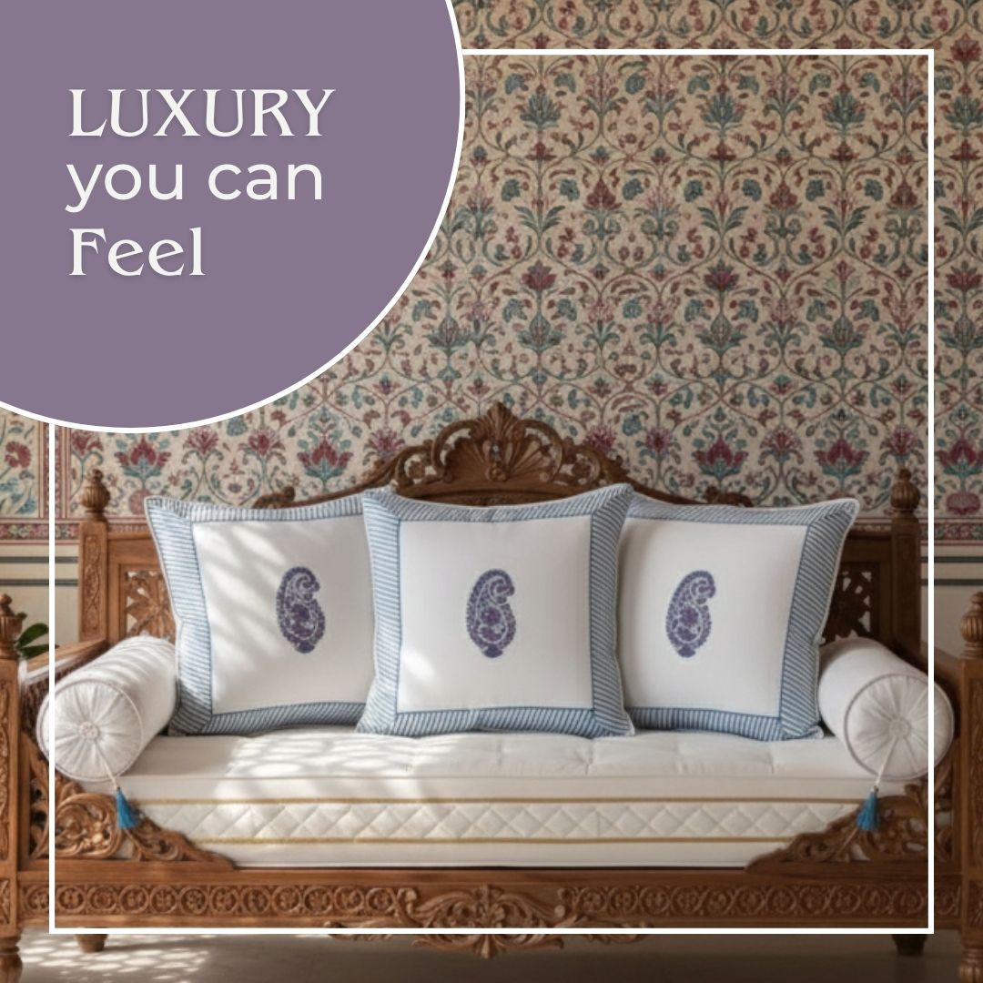 South Cotton Block Printed Cushion Covers with Central Motif & Blue Border (Set of 2)