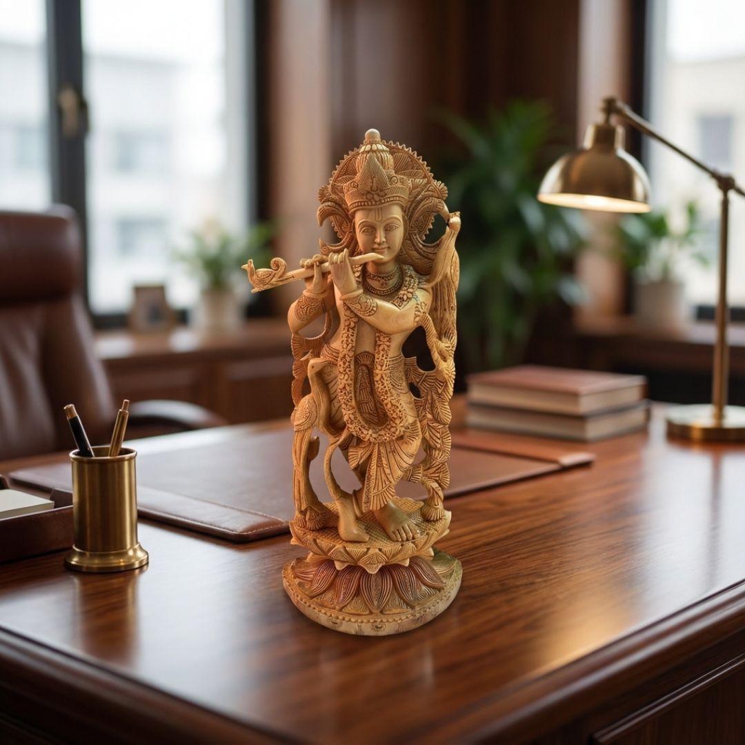 Handcrafted Wooden Lord Krishna Idol Standing with Flute in Nature-Inspired Carving