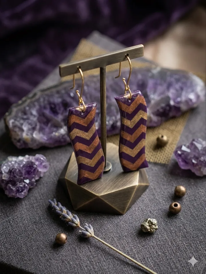 Royal Purple & Metallic Gold Chevron Wave Polymer Clay Dangles