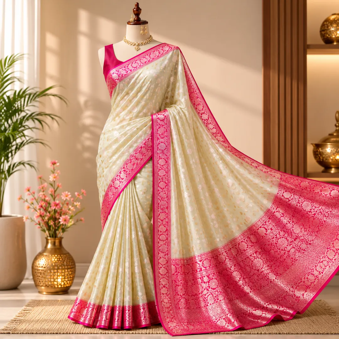 Handcrafted Creamy White Muslin Organza Saree with Deep Pink Zari Border & Blouse