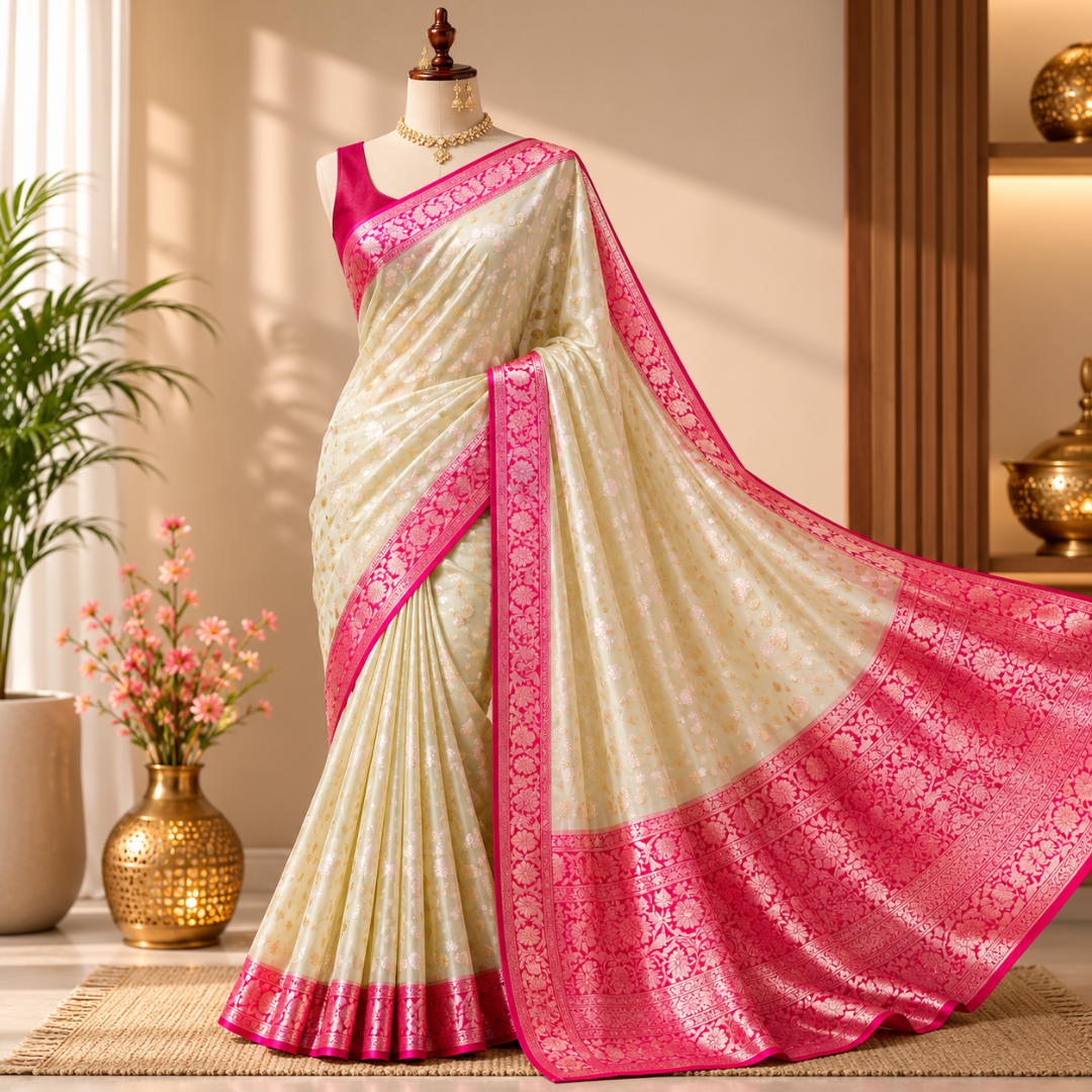 Handcrafted Creamy White Muslin Organza Saree with Deep Pink Zari Border & Blouse