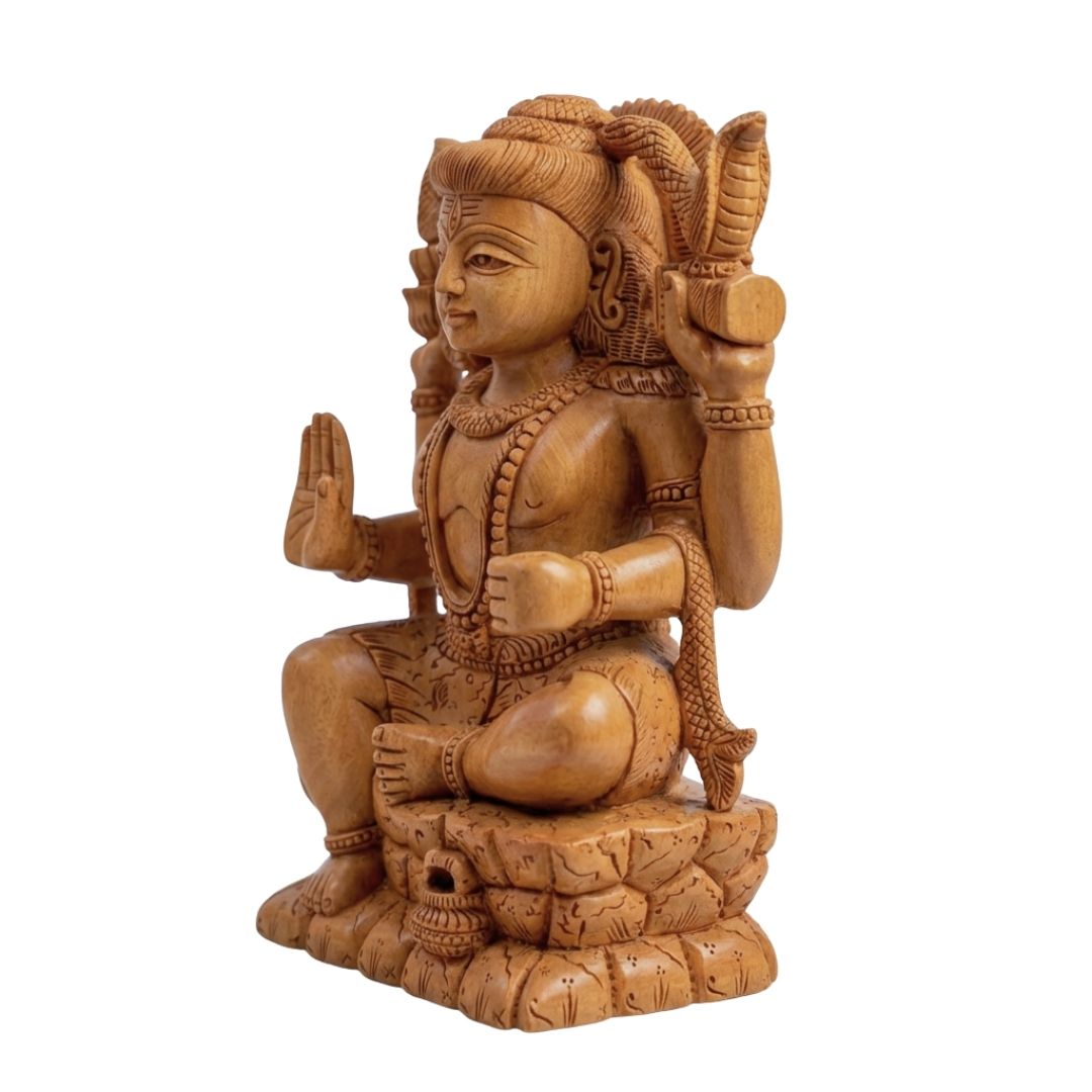 Handcrafted Lord Shiva Sculpture Sitting with Snake and Damru in Fine Wood Carving