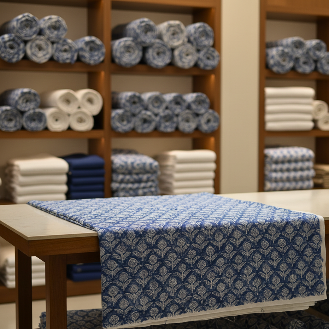 Single-Sided Block Printed Mal Cotton Fabric in Blue Lattice Floral Pattern