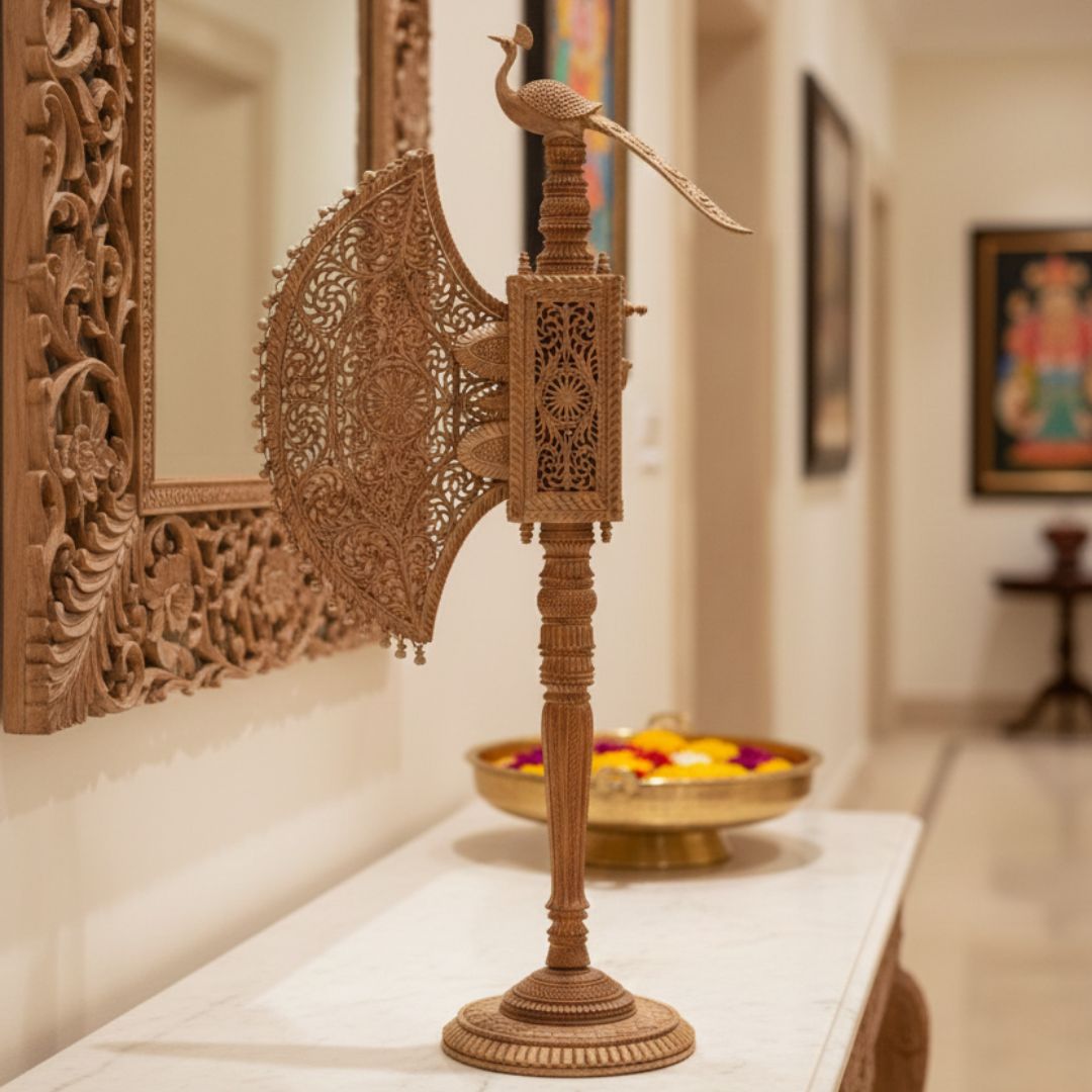 Pure Sandalwood Lace-Carved Heritage Pankha with Peacock Handle 