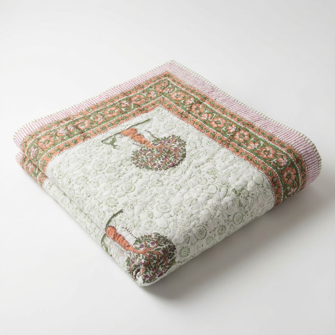 Double Double-Sided Block Printed Cotton Comforter with Tree and Border Motifs