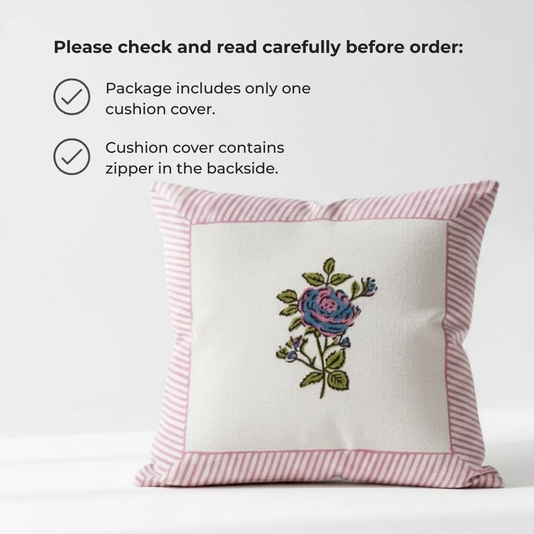 South Cotton Block Printed Cushion Covers with Central Floral Motif (Set of 2)