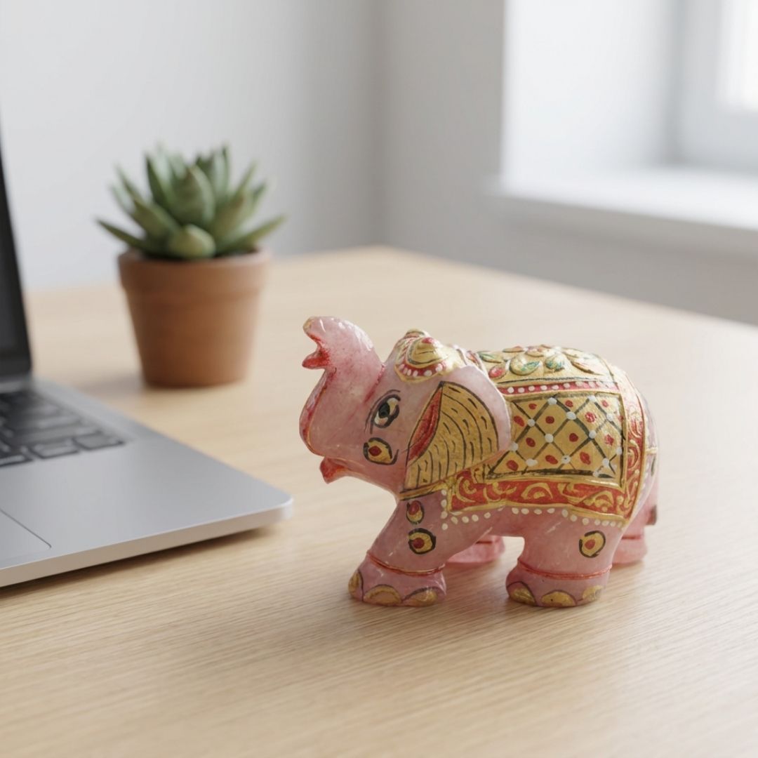 Handcrafted Rose Quartz Elephant Figurine with Traditional Painting
