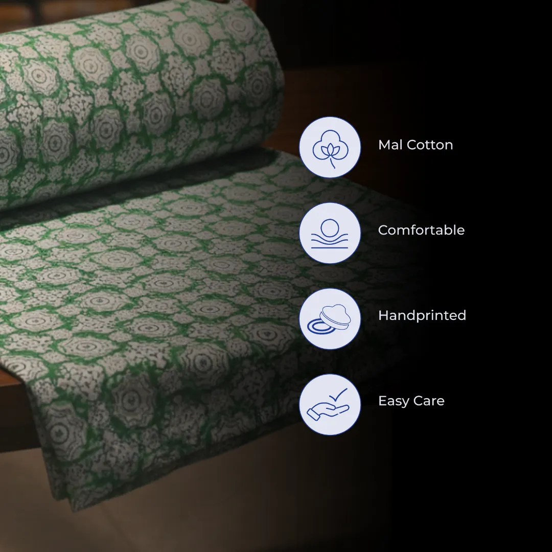 Single-Sided Hand Block Printed Mal Cotton Fabric – Green Floral Motif | Sold Per Meter