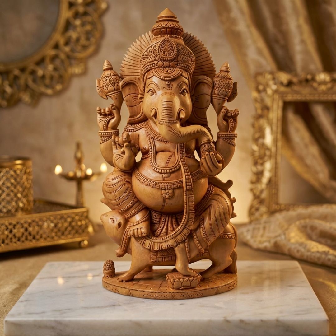 Handcrafted Sandalwood Ganesha Idol in Blessing Pose with Modak and Kalash