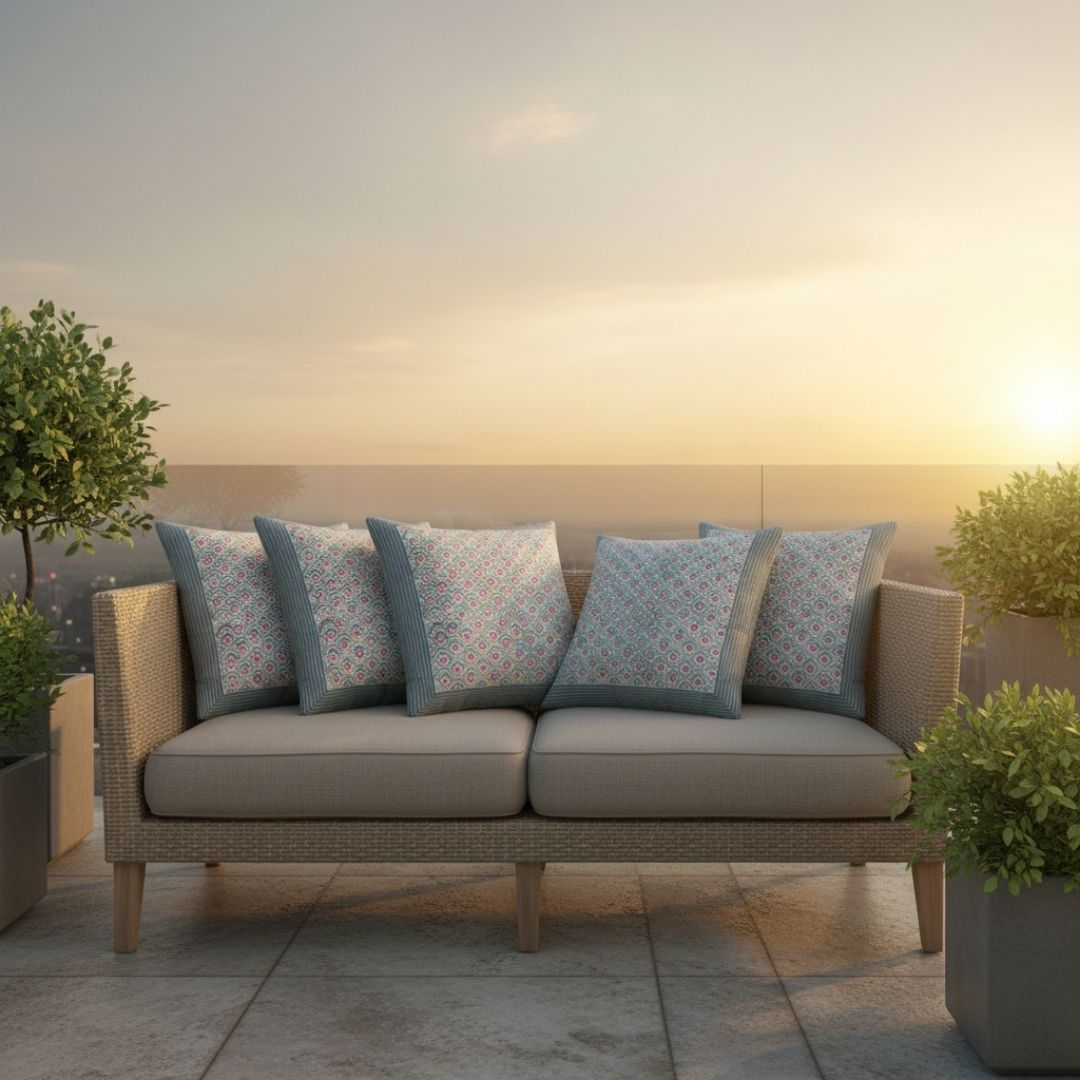 Block Printed South Cotton Cushion Cover with Blue Border Pattern