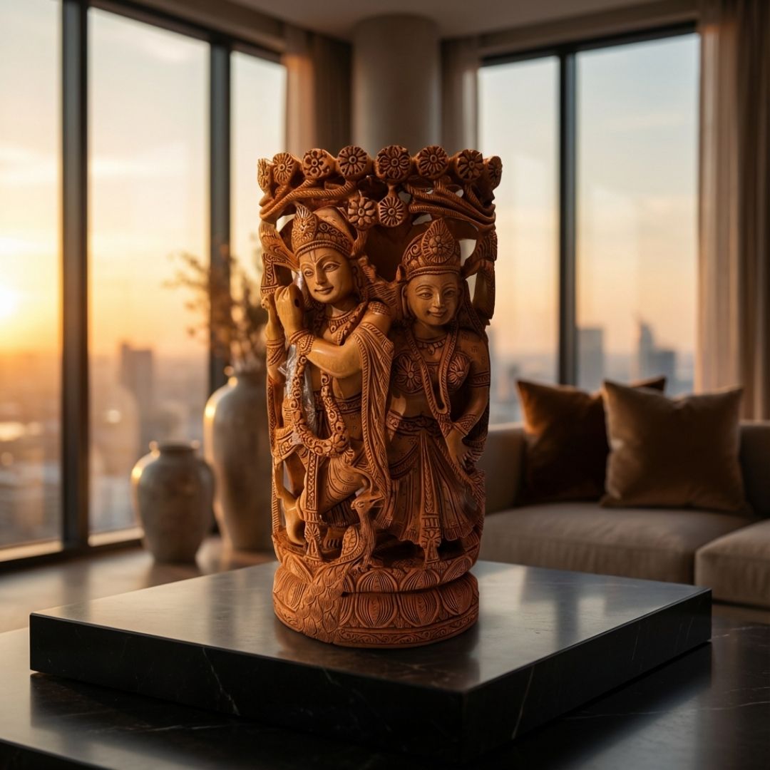 Radha Krishna Jugal Murti in Sandalwood with Intricate Tree Carving