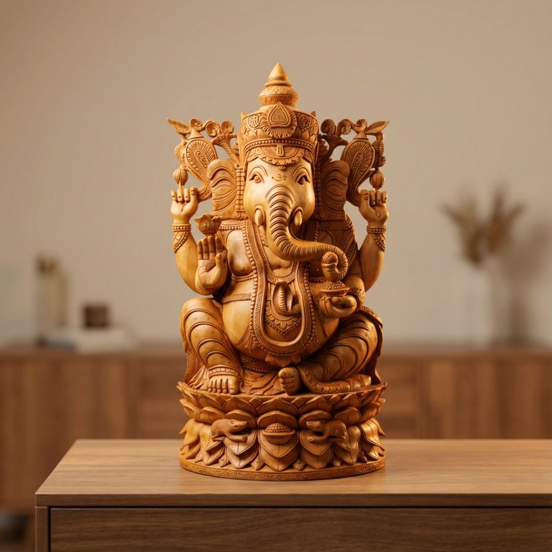Handcrafted Wooden Lord Ganesha Sculpture with Heavy Detailed Carving