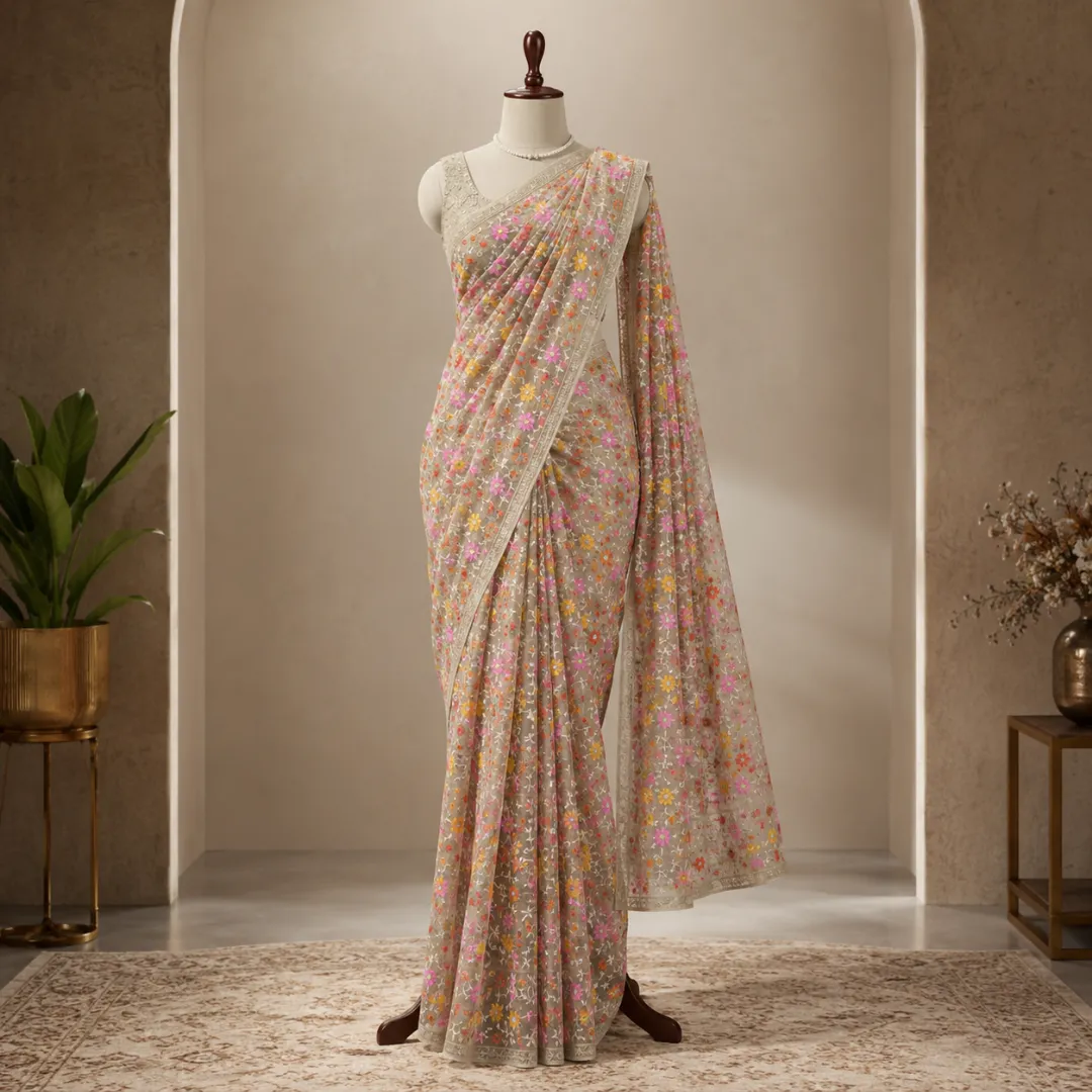 Handcrafted Elegant Resham Kota Embroidered Floral Silk Saree – Cream Base (No Blouse Piece)