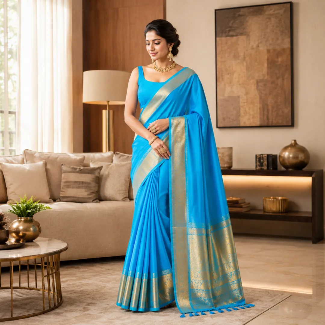 Graceful Handcrafted Sky Blue Maslin Organza Saree with Golden Zari Border & Matching Blouse Piece