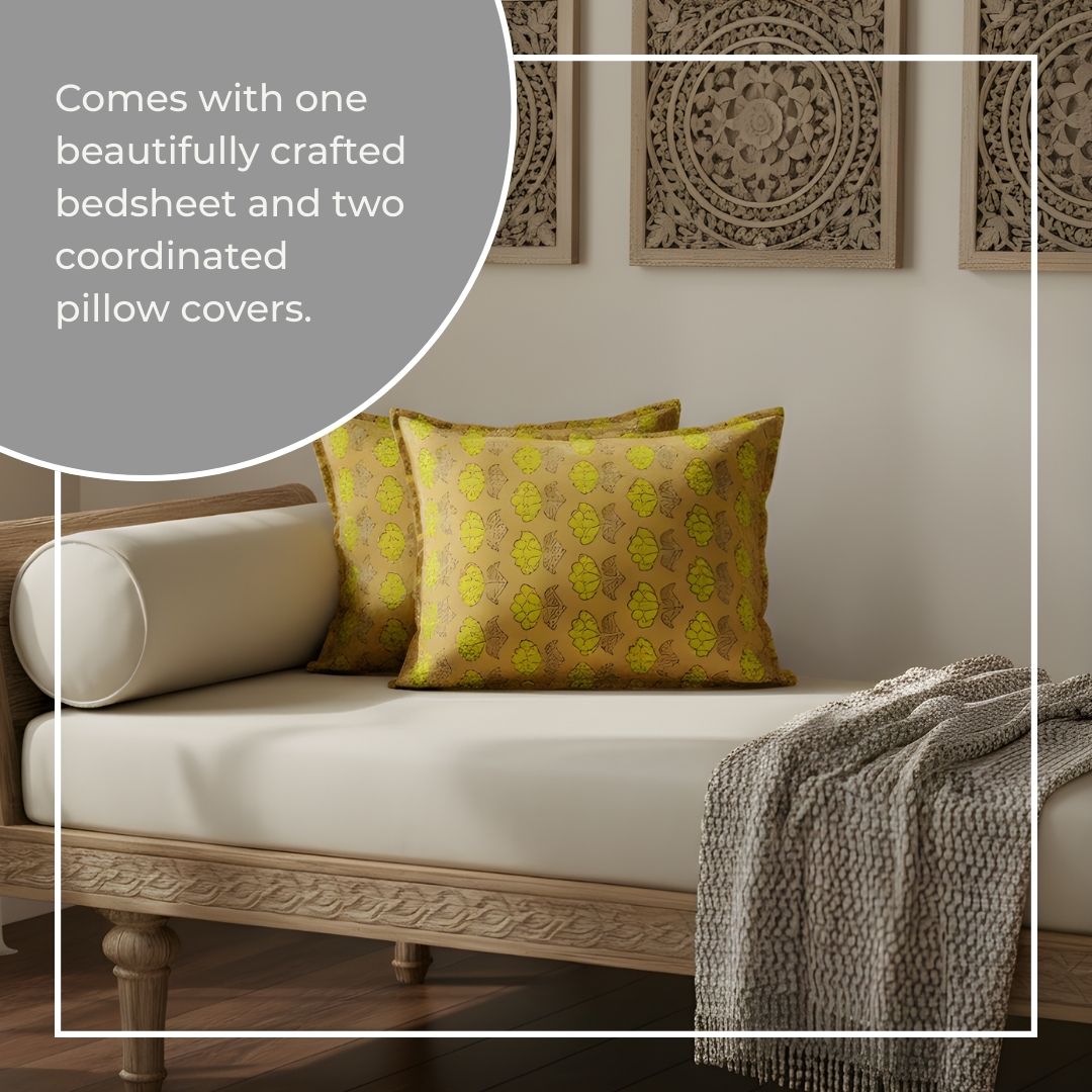 Single-Sided Block Printed Double Bedsheet in Yellow Floral Pattern