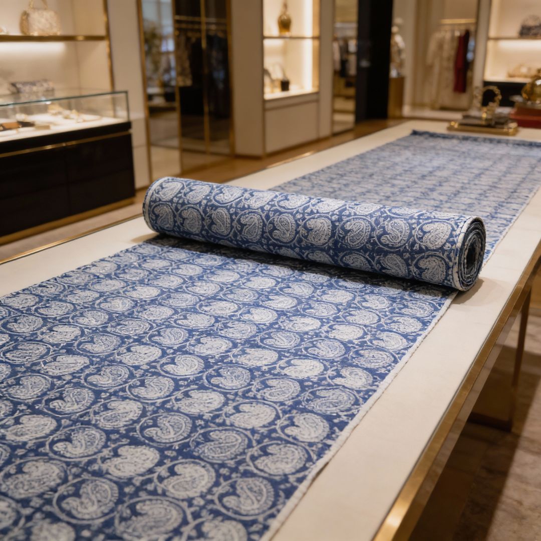 Single-Sided Block Printed Mal Cotton Fabric in Blue Geometric Pattern