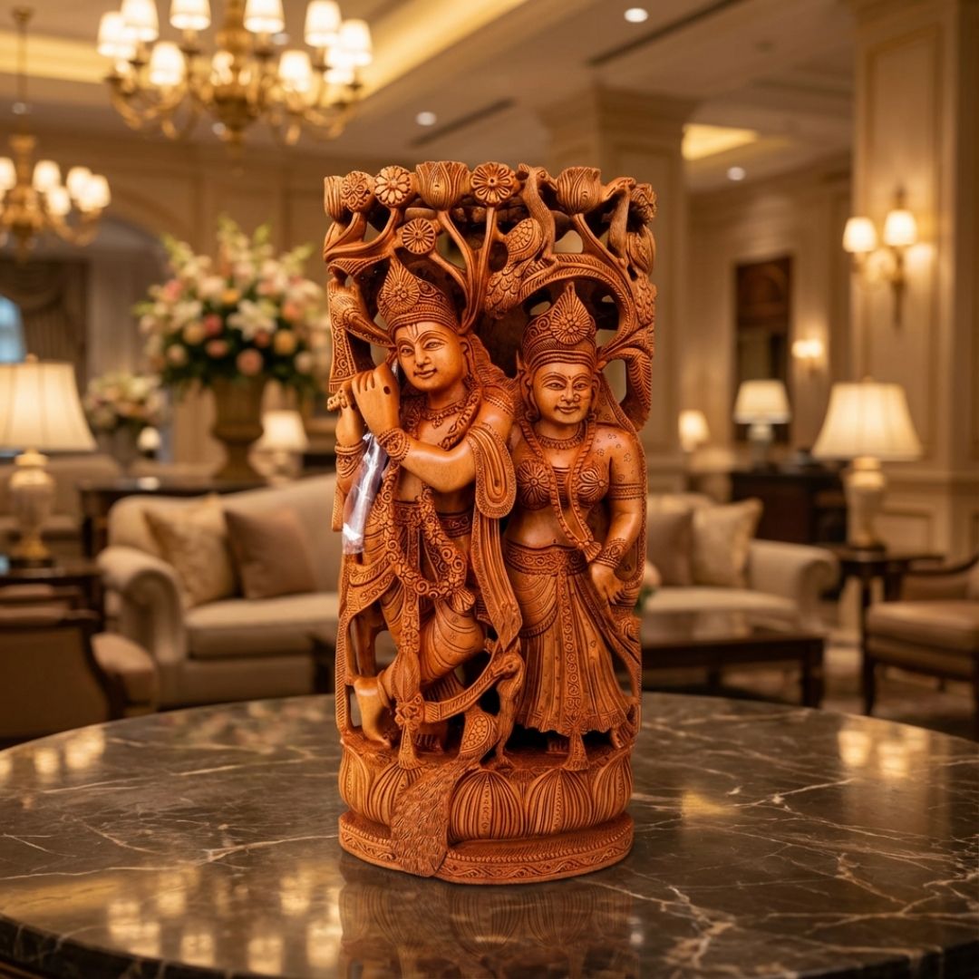 Radha Krishna Under Tree Sculpture with Peacock and Cow Carving in Sandalwood
